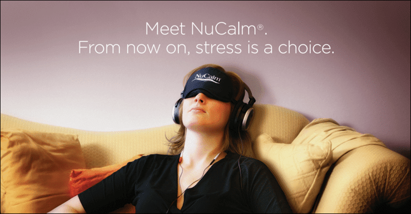 - The Renaissance Day Spa & Alternative Wellness, Fayetteville NC Woman sitting on a couch wearing headphones and a NuCalm eye mask, with text above that reads, "Meet NuCalm. From now on, stress is a choice. - The Renaissance Day Spa & Alternative Wellness, Fayetteville NC