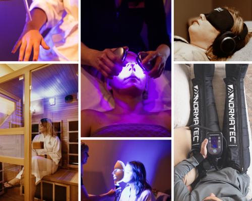 - The Renaissance Day Spa & Alternative Wellness, Fayetteville NC Collage of people receiving various wellness treatments, including light therapy, infrared sauna, facial massage, leg compression therapy, and relaxation with headphones and eye mask. - The Renaissance Day Spa & Alternative Wellness, Fayetteville NC