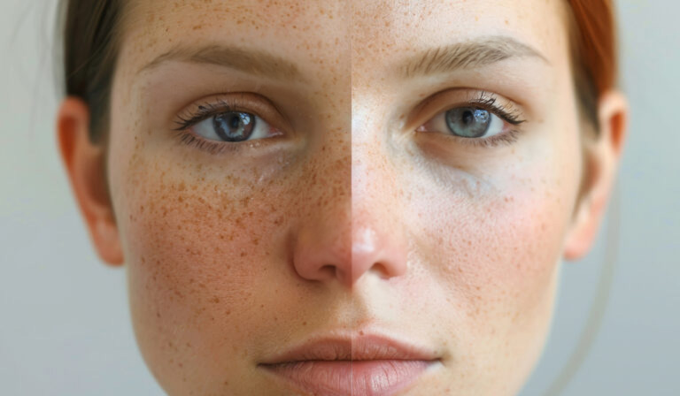 - The Renaissance Day Spa & Alternative Wellness, Fayetteville NC Close-up of a woman's face with a visible split down the middle, showing one side with freckles and uneven skin tone, the other side with smoother, more even complexion. - The Renaissance Day Spa & Alternative Wellness, Fayetteville NC